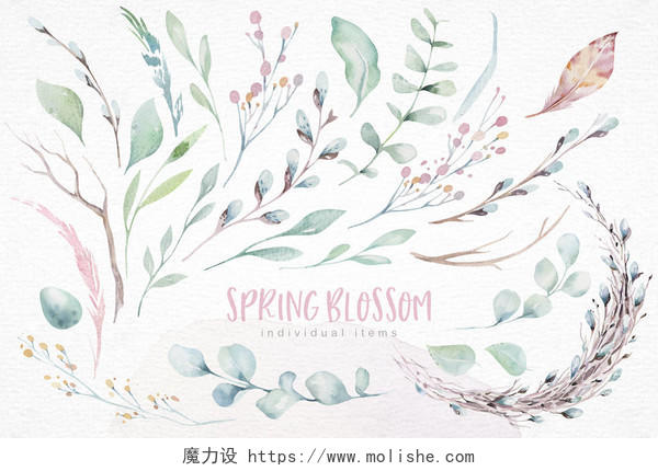 花粉红色的樱花花环在水彩画风格与白色背景